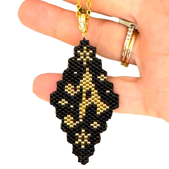 Handcrafted letter “A” leather-backed pendant necklace gold on black  20” chain - Picture 4 of 5